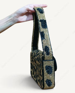 Indian Fully Handcrafted Beaded Leopard Print Shoulder <b>Bag</b> <b>Navy</b> Gold Animal Pattern Handbag Women Wholesale OEM Private Label - Product Image 4
