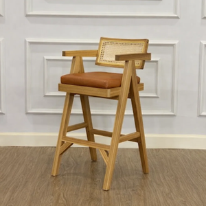 Chaise de bar en teck au design moderne Ladudu, tabouret haut pour la maison, l'hôtel, la cuisine extérieure, la salle à manger, en métal et rotin - Product Image 1