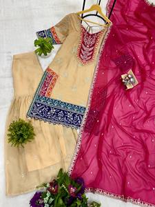 Wholesale Heavy Two Tone Fandy Silk Sharara Plazo Set with Real Mirror Work Embroidery <b>Sequins</b> 3 Piece Wedding Wear Suit - Product Image 4
