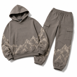 Conjunto de chándal de lujo gris piedra extragrande para hombre, con sudadera pesada y joggers cargo con estampado de montaña, OEM ODM, personalizado, estilo urbano - Product Image 1