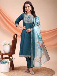 Yellow Embroidered Silk Zari Work <b>Kurta</b> Pant Set Floral Dupatta Recycled Materials for Women's Traditional <b>Indian</b> Pakistani - Product Image 3