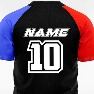 เสื้อเบสบอลชายแบบกำหนดเอง แขนสั้น สีดำ น้ำเงิน แดง หมายเลขทีม 10 ผ้าโพลีเอสเตอร์ดูดซับความชื้น สำหรับทุกฤดูกาล - Product Image 4