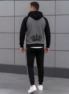 ชุดวอร์มแบบมีฮู้ดสีดำเทา ยูนิเซ็กซ์ น้ำหนักเบา ทรงหลวม แขนยาว กางเกงลำลองสีพื้น มีกระเป๋าข้าง ปิดด้วยเชือกผูก - Product Image 2