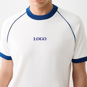 Men's <b>White</b> Raglan Sleeve T-Shirt With Blue Contrast Trim Regular Fit O-Neck Casual Jersey Cotton Top Front Logo Print - Product Image 2