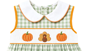 Smocked Thanksgiving Turkey Pumpkin Girls <b>Dress</b> <b>Green</b> <b>Gingham</b> - Product Image 5
