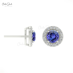 Boucles d'oreilles clous en or massif 14 carats faites à la main avec tanzanite 0,54 CTW taille ronde et halo de diamants pavés, bijoux délicats, prix de gros - Product Image 2