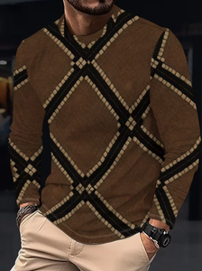 Men's Brown Striped Full Sleeve Casual <b>Shirt</b> <b>Collarless</b> Knitted 100% Cotton Embossed Anti-Shrink Spring Wear 300g Fabric - Product Image 2