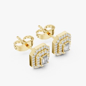 Boucles d'oreilles clous en or jaune 9K avec diamants de laboratoire taille émeraude double halo 0,488 CTW, vente en gros OEM, bijoux fins - Product Image 4