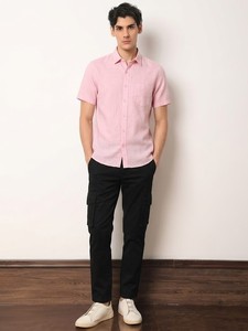 Men's Pink Short Sleeve Cotton Poplin Casual <b>Shirt</b> Turn-down Collar Solid Color Summer Wear - Product Image 2
