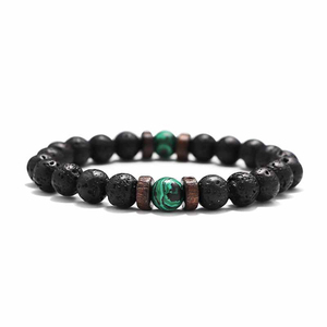 Vintage Natural Stone Bead Bracelet with Wooden Spacers, Lava Rock Elastic Bracelet for Men, Everyday Wear - Product Image 3