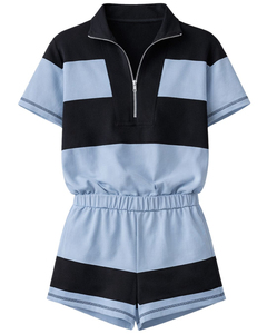 Conjunto Deportivo Casual de Verano para Mujer, Dos Piezas, Estilo Romper de Manga Corta con Cierre de Cremallera, Color Negro y Azul Cielo - Product Image 1