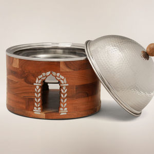 Premium Wooden Buffet <b>Server</b> with Hammered Stainless Steel Dome Lid Decorative <b>Food</b> Warmer Serving Bowl - Product Image 4
