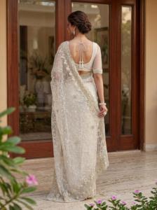 Indian Traditional Gorgeous Net with Embroidery Work With Pearls Diamond Fancy Saree for Festive Party for Women Trendy Wear - Product Image 5