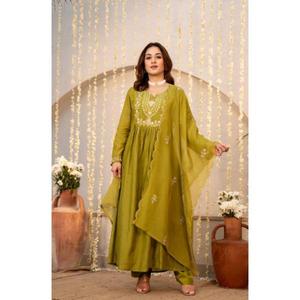 NEW LAUNCHED CHANDERI SILK EMBROIDERY WORK 3 PCS <b>KURTA</b> BOTTOM AND DUPATTA SETS BEST FOR PARTY WEAR - Product Image 1