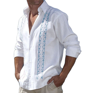 Chemise décontractée pour homme en coton blanc brodé, manches longues, col rabattu, broderie à la main, chemise en popeline respirante pour l'été - Product Image 4