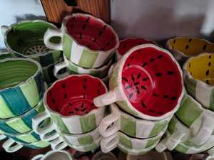 Ceramic Watermelon <b>Mugs</b> Green Striped Design <b>Novelty</b> Coffee Cups Dishwasher And Microwave Safe Reusable Home Drinkware - Product Image 2