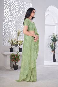 Green Embroidered <b>Tissue</b> Net Saree Blouse Women Traditional <b>Wedding</b> Wear India Pakistan Style Floor-Length Regular Fit Quick Dry - Product Image 3