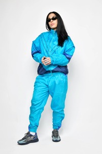 Unisex <b>Blue</b> Color Blocking Bomber Jacket Windproof Zipper Closure Sporty Style Polyester <b>Material</b> Autumn Wear - Product Image 4