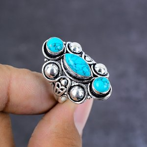 Anillo de joyería chapado en plata hecho a mano con piedra preciosa de turquesa natural, talla 7 - Product Image 1