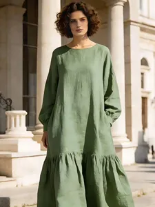 Women <b>Boho</b> Plain Maxi <b>Dress</b> <b>Long</b> Sleeve Cotton Linen Loose Fit Round Neck Flowy Casual Holiday <b>Dress</b> - Product Image 2