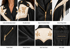 Leather Fringe Motorcycle <b>Jacket</b> for Women Black <b>Western</b> Biker with Embroidery Gold Hardware & Long Fringe Breathable Winter - Product Image 6