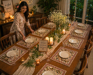 Beige Floral Hand Block Print Table Mat Set Pure Cotton Placemats Export Quality Washable Dining Decor Handmade Masterpiece Set - Product Image 2