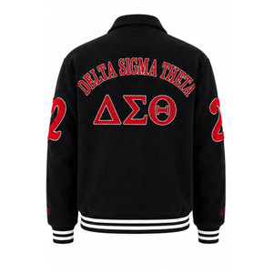 Chaqueta Universitaria Delta Sigma Theta Negra y Roja con Letras Griegas Bordadas, Estilo Preppy, Chaqueta Casual para Hombre - Product Image 3