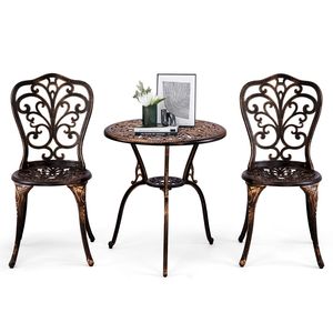 Set Bistrot da Esterno in Alluminio Pressofuso per Tutte le Stagioni, 3 Pezzi, con Tavolo in Legno di Acacia per Giardino, Cortile, Balcone (Design Farfalla) - Product Image 1