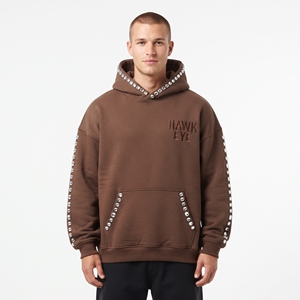 Sudadera con capucha marrón para hombre, con logotipo bordado con pedrería personalizado, corte holgado, hombros caídos, ropa informal, ropa de invierno - Product Image 5