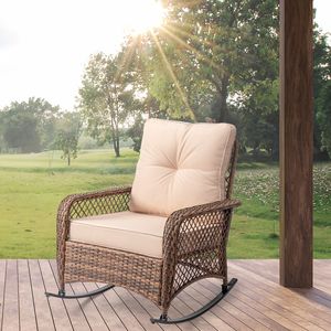 Sedia a dondolo in rattan marrone con cuscino beige - Schienale spazioso - Product Image 4