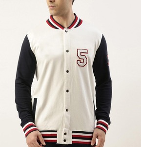 <b>Men's</b> PU Varsity <b>Jacket</b> <b>White</b> Body Navy Sleeves Embroidered Number 5 Button Closure Preppy Style Windproof Autumn OEM Service - Product Image 1