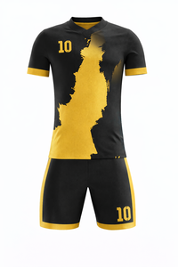 ชุดเสื้อฟุตบอลแบบยูนิเซ็กซ์ คอวี แขนสั้น พิมพ์ลายแบบซับลิเมชั่น ระบายเหงื่อได้ดี ผลิตจากโพลีเอสเตอร์ 100% สีดำไล่เฉดเหลือง ปรับแต่งได้ - Product Image 4