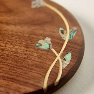 Wooden Coaster With Mother Of Pearl Inlay Round Solid <b>Walnut</b> Drink Mat Floral Metal Art <b>Coffee</b> Cup Pad Elegant <b>Table</b> Decoration - Product Image 3