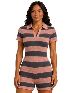 Mono de punto a rayas rosa rubor y carbón para mujer, manga corta, cuello polo, informal de verano, de una pieza, ajustado, personalizado - Product Image 1