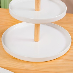 3 Tier White Ceramic <b>Cake</b> <b>Stand</b> With Wooden Pillar Round Porcelain Dessert Display Tray <b>Tiered</b> Serving Platter for Tea Party - Product Image 5