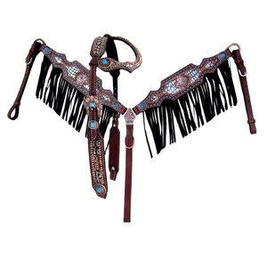 Venta caliente 2022 cuero genuino occidental una oreja Headstall y conjunto de cuello de pecho con fabricación de flecos proveedor superior en la India - Product Image 1