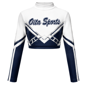 Navy Blue White Sublimated Cheer <b>Long</b> Sleeve Uniform Set Pleated <b>Skirt</b> Athletic Team Sportswear Training Practice Performance - Product Image 1