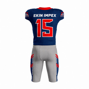 Uniforme de football américain personnalisé sublimé, bleu marine et rouge, style professionnel, avec pantalon rembourré intégré gris, vente en gros pour équipes - Product Image 2