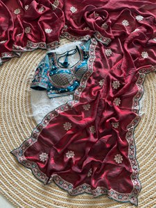 Sari en satin Premium Reglance avec broderie de sequins de 3 mm, bordure lourde, entièrement brodée, entièrement cousue, design traditionnel - Product Image 4
