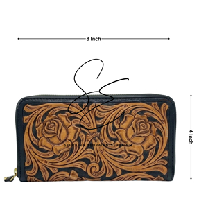 Cartera de cuero repujado con RFID, diseño floral, tipo clutch largo, con cremallera, para mujer - Product Image 3