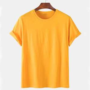T-shirt décontracté jaune uni pour homme, en coton tricoté, coupe oversize, col rond, manches courtes, respirant, imprimé sérigraphié, couleur unie - Product Image 1