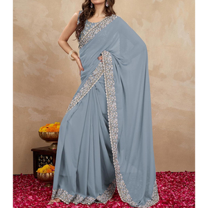 Sari pour femme personnalisé avec broderies de luxe, bordures décoratives, options de couleurs personnalisées et style sophistiqué pour les tenues ethniques - Product Image 3