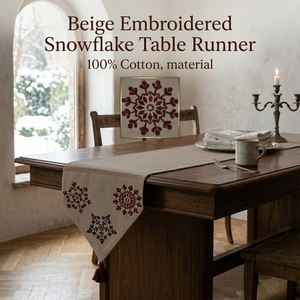 Camino de Mesa Beige con Copos de Nieve Bordados y Borlas, Tela Decorativa para Mesa de Comedor, para el Hogar y Fiestas | Decoración de Estilo Moderno - Product Image 3