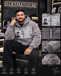 REXFITSPORTS 2026 <b>Men</b>’s Washed <b>Grey</b> Oversized Zip Up Hoodie Custom Photo Graphic Print Premium Cotton <b>Fleece</b> Streetwear Jacket - Product Image 2