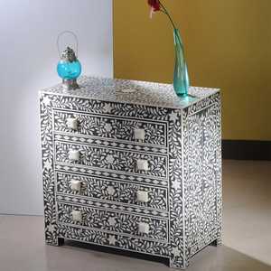 Luxury Handcrafted Traditional Antique <b>Grey</b> Wooden Nightstand Floral Pattern Bone Inlay Drawer Bedroom Furniture for Living - Product Image 1