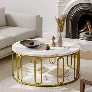 Table basse moderne pour salon, table design en marbre, mobilier chic et moderne, table basse avec pieds en métal, ronde et décorative - Product Image 1