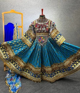 Afghan Traditional Blue Kuchi <b>Dress</b> Hand-Embroidered with Mirror Work Bell Sleeve Maxi Bohemian Style Formal Wear - Product Image 3