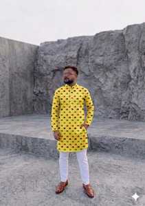 Kurta de algodón amarillo para hombre con estampado digital, diseño rojo y marrón, corte regular, estilo tradicional informal de India y Pakistán - Product Image 2