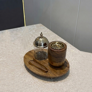 Wooden <b>Bakhoor</b> Burner Set With Glass Jar Gold Metal Lid & Ball Footed Serving Tray Arabic Incense <b>Oud</b> Holder Home Decoration - Product Image 2