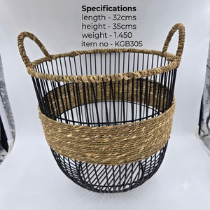 Panier de rangement en fil métallique noir avec poignées en corde de jute naturelle, organisateur de décoration rustique pour la maison, panier pour la cuisine, la salle de bain et la buanderie - Product Image 2